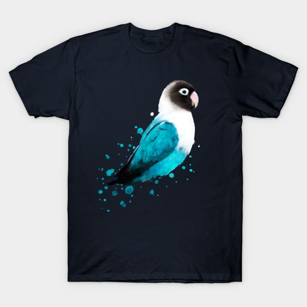 Dramabite Masked Lovebird, Black-masked Lovebird, Collared Lovebird watercolor (Agapornis personatus)  Blue Parrot Bird T-Shirt by dramabite